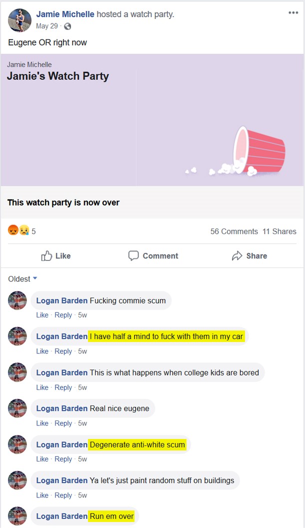 Logan Barden wants to attack protesters
