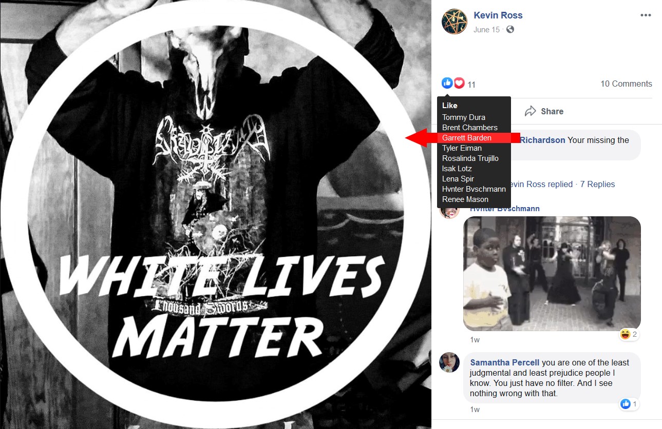 Levi"likes" a "White Lives Matter" post by Nazi Kevin Ross