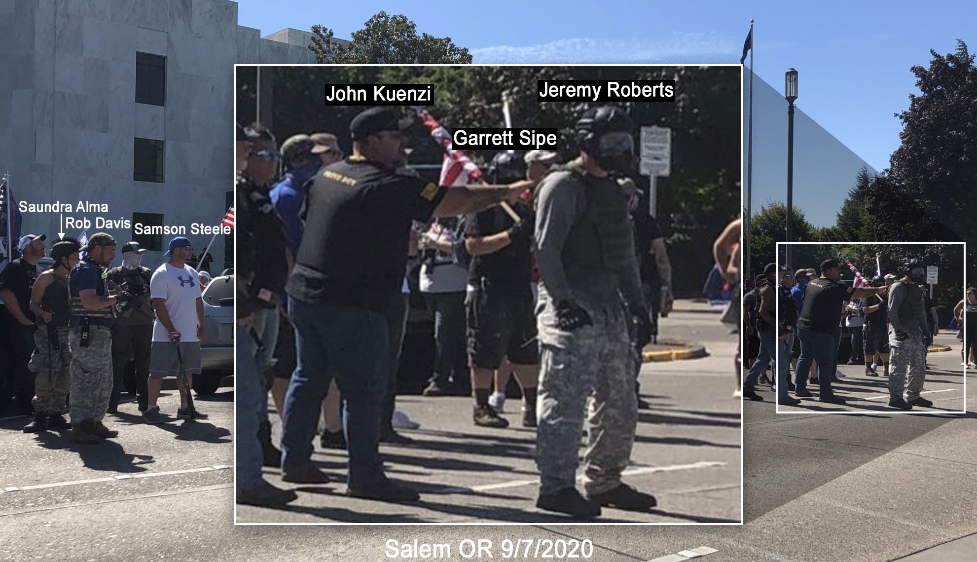 Garrett Sipe stands with other members of the Proud Boys hate group on September 7 2020, at the Oregon state capital