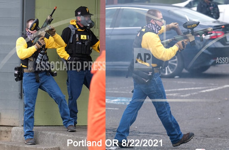 Stills of Jonathan Donovan in a yellow longsleeve and black vest, aiming a paintball gun at protesters in Portland. 