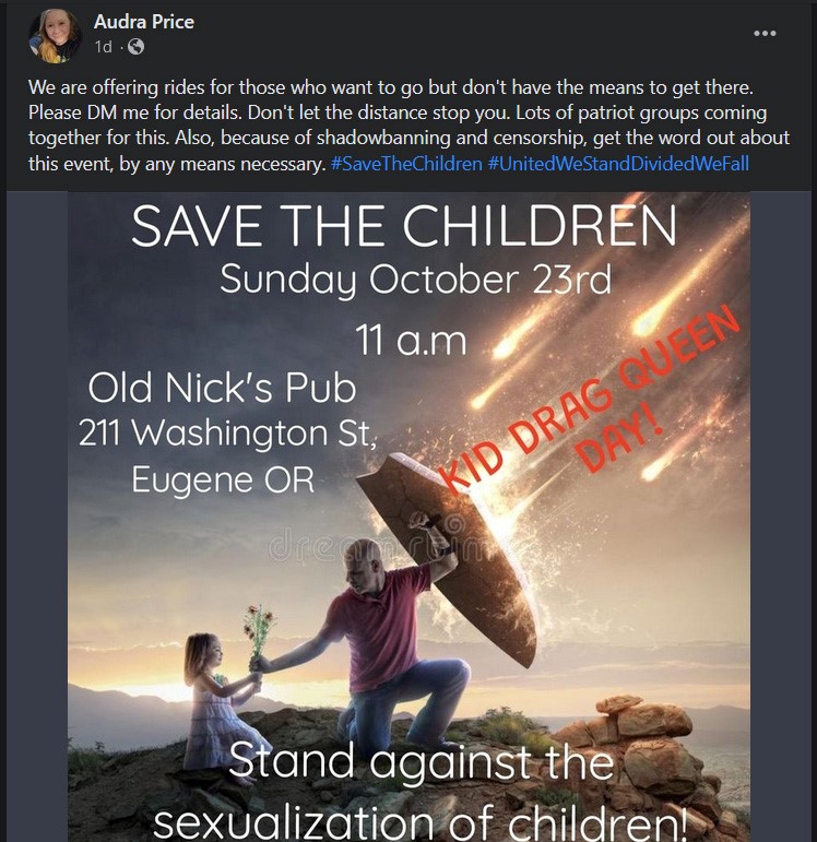 A screenshot from a Facebook post by Audra Price offering rides to the anti drag hate rally in Eugene. 