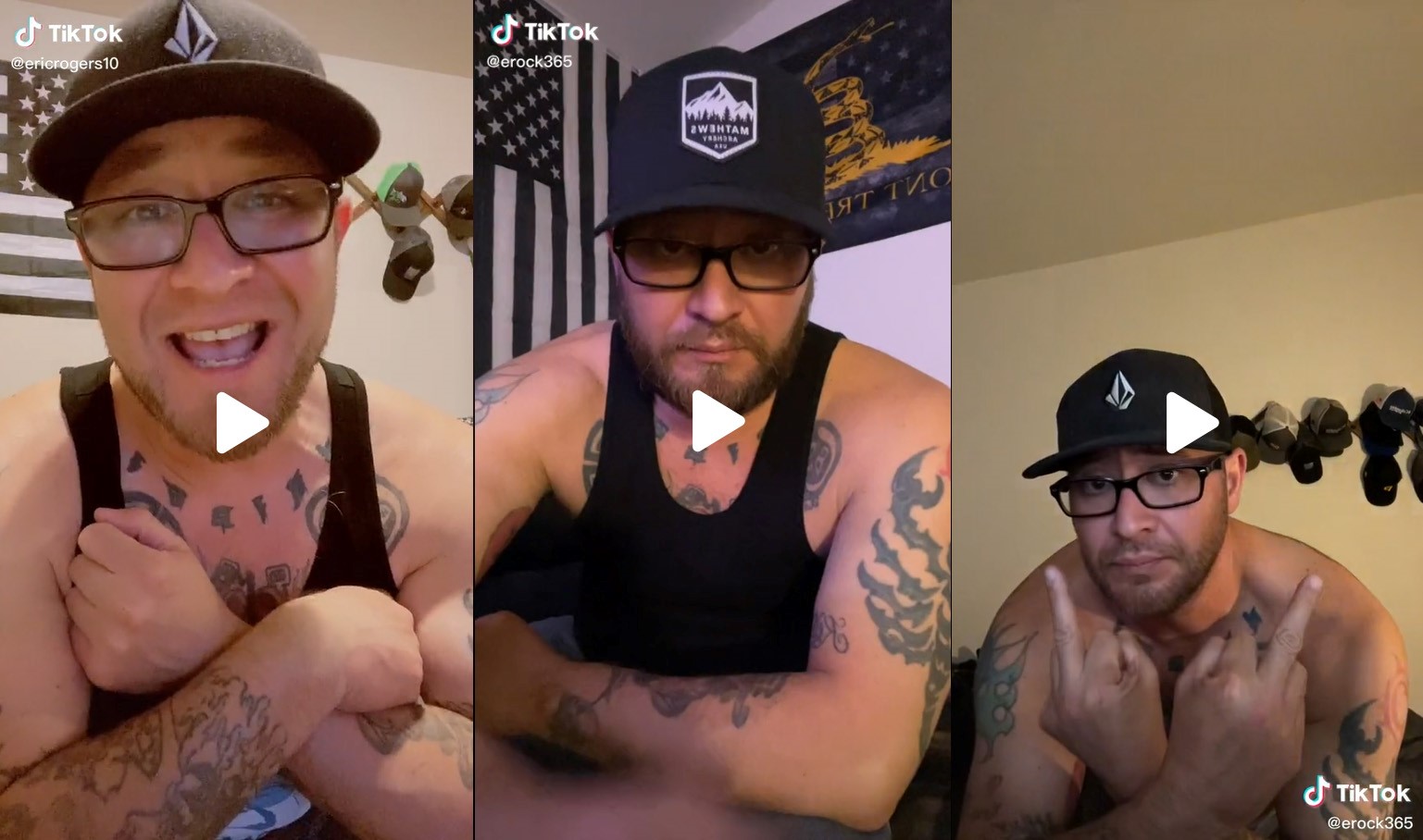Three tiktok screenshots of Eric Rogers show his upper body and tattoos. 