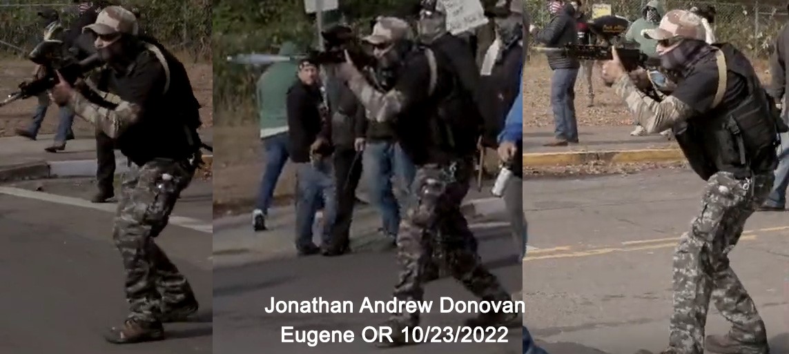 Stills from a video show Jon Donovan hunched slightly over and firing paintballs at antifascists in Eugene