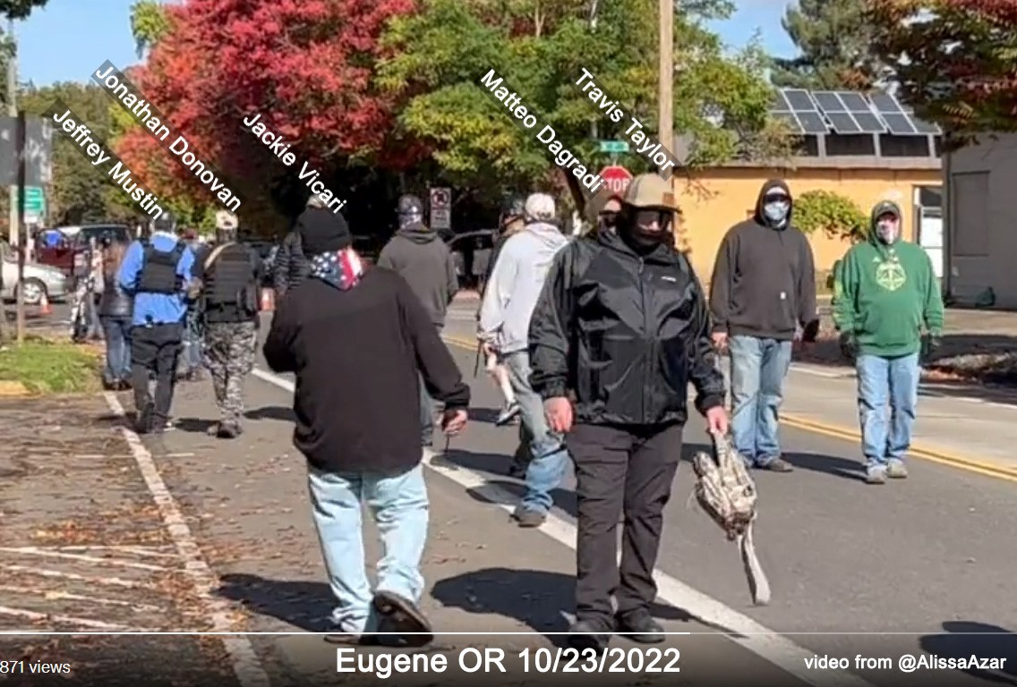 Photo showing a group of Proud Boys, including Jack Vicari with his back turned, in Eugene OR