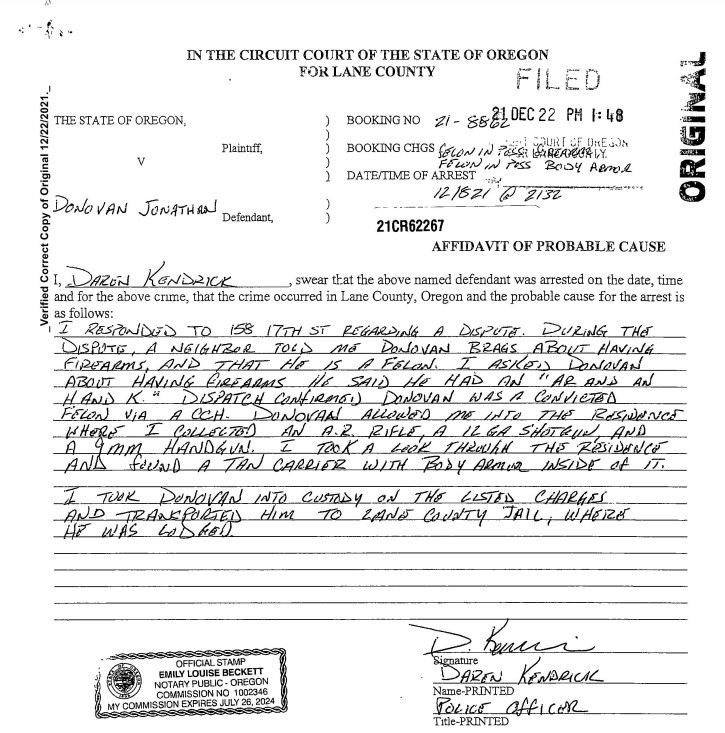 Police report explaining how police found guns and armor at the residence of Jon Donovan