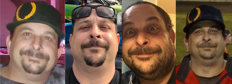Four photos of Jackie Vicari. He has a round face and bad facial hair, a goatee and mustache combo.