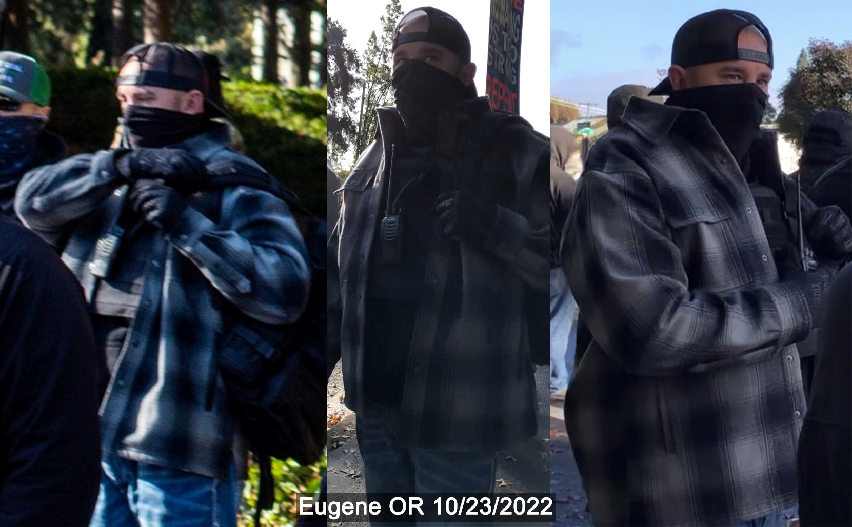 Kyle Halsey in Eugene, he wears a black hat turned backwards, a grey flannel unbuttoned and showing a black plate carrier. He carries a radio and wears a set of gloves. 