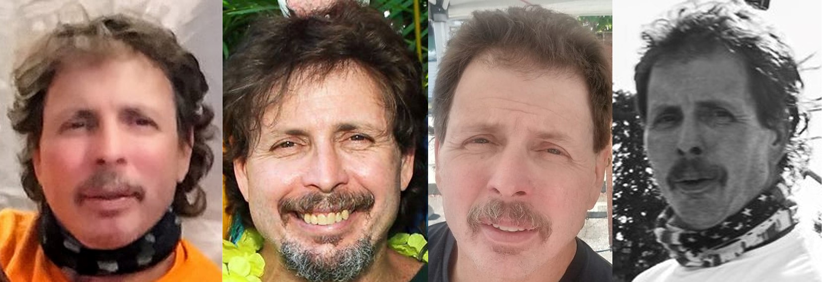 4 photos show Scott Gourley. He is a white man with curly grey and brown hair often cut short, a grey mustache that goes down the sides of his mouth, and thin grey eyebrows. 