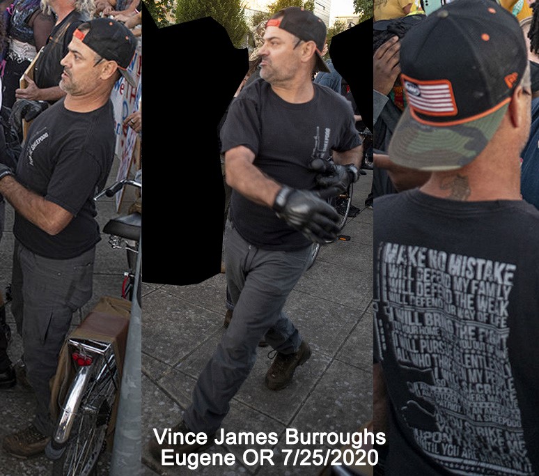 Vince Burroughs wears a backwards hat like the cool kids do as he tries to attack BLM supporters in Eugene