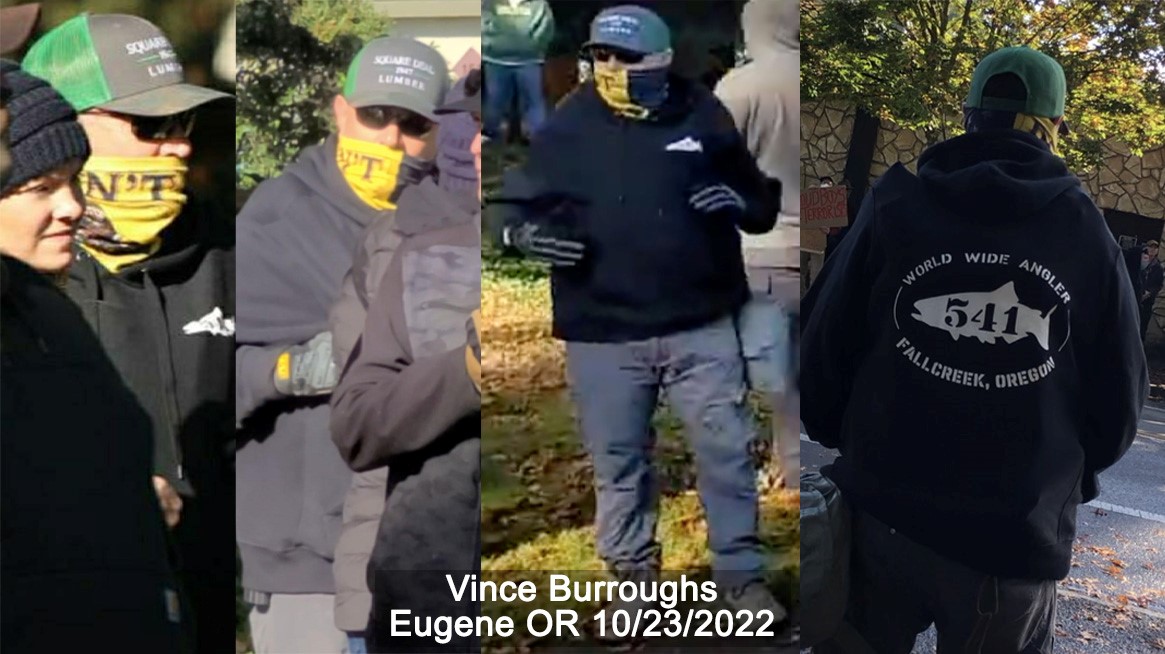 Vince Burroughs in Eugene. He wears a Square Deal Construction materials hat, a yellow don't tread on me gator, black sunglasses, and a hoodie with the text "world wide angler fall creek oregon" on the back around a fish.